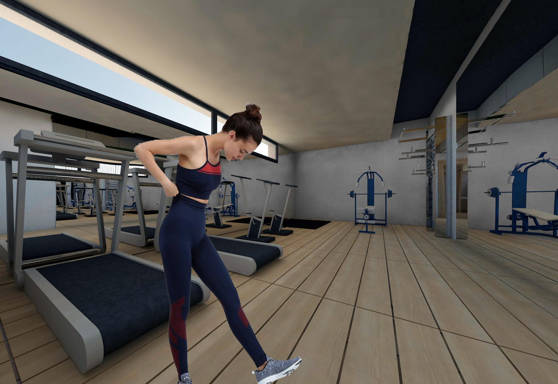 Gymnastikraum mit Trainingsgeräten und Spiegelwand