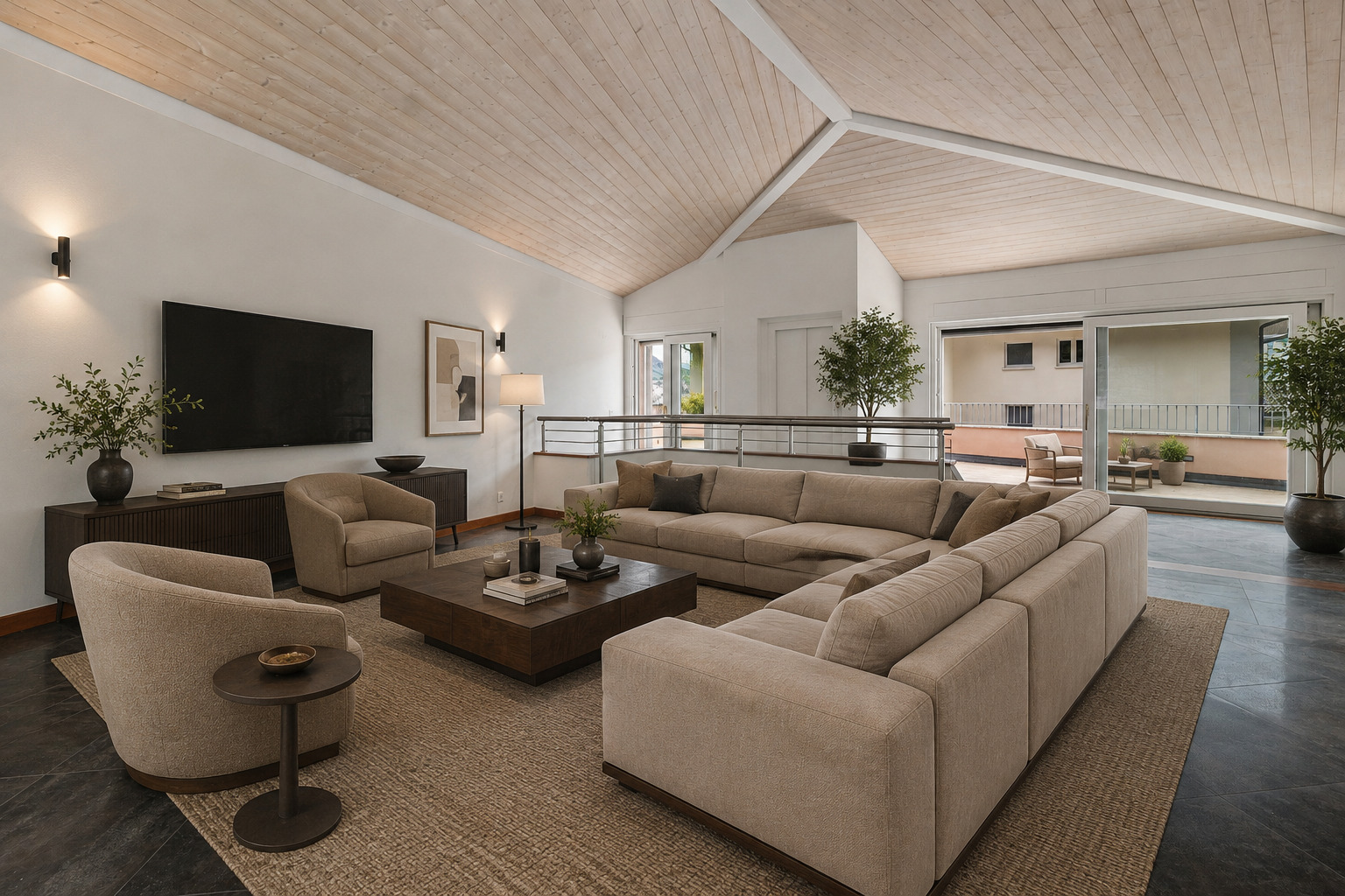 Großzügiges, modernes Wohnzimmer mit Galeriecharakter