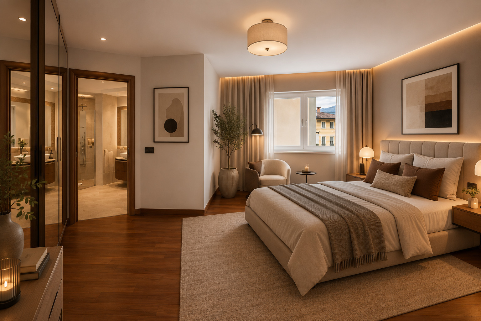 Stilvolles Schlafzimmer mit angrenzendem Bad