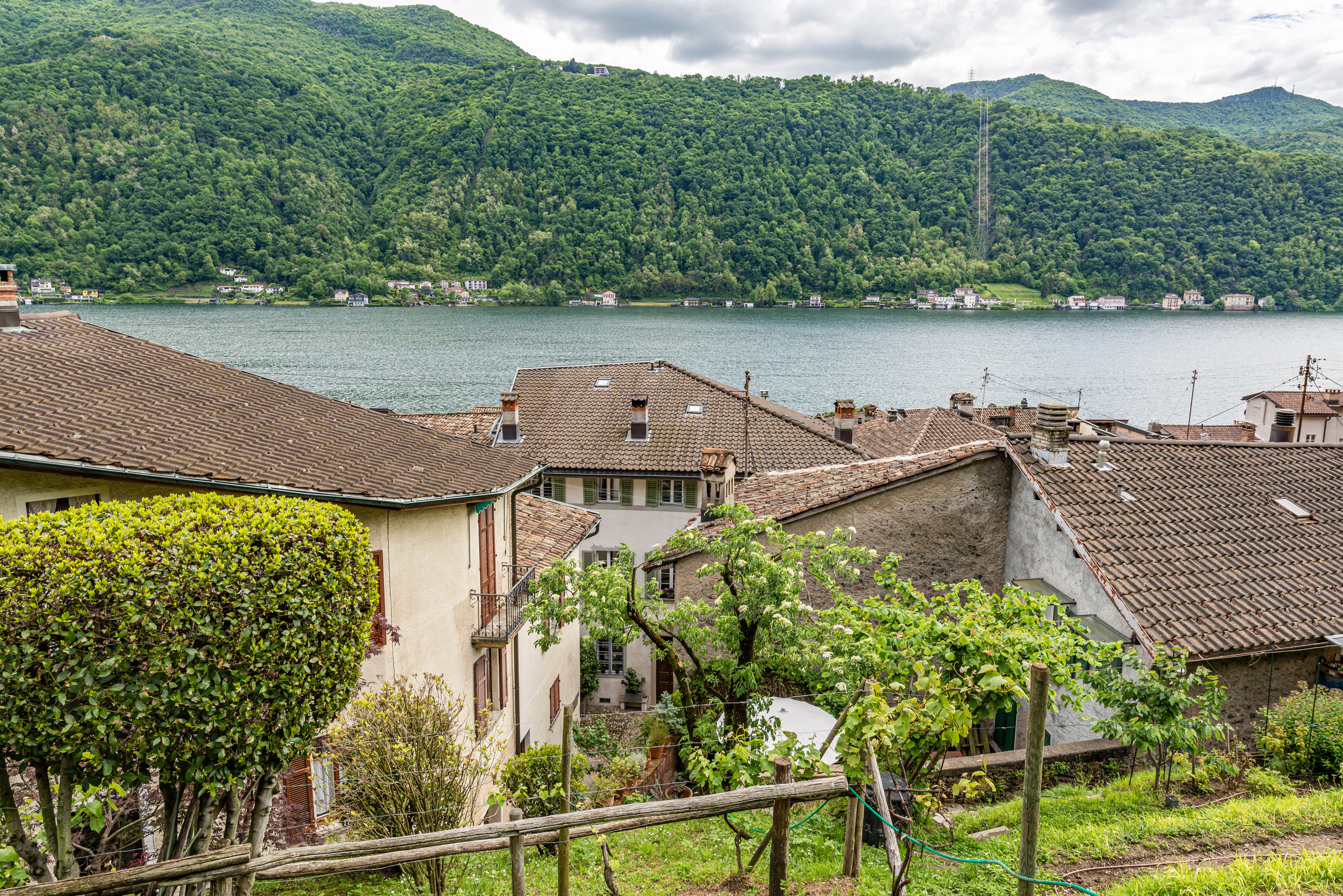 Seeblick über Dächer und Hügel