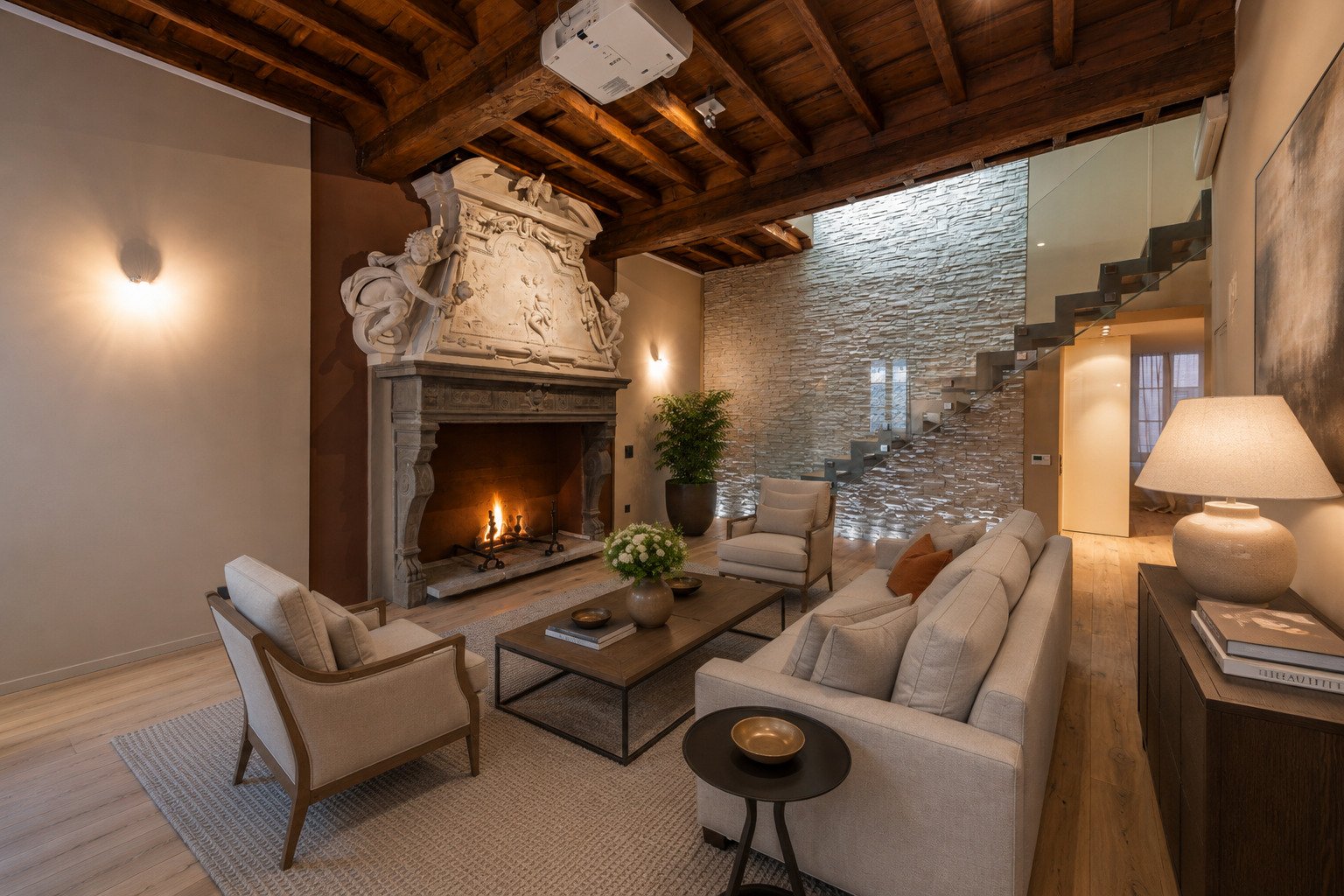 Wohnzimmer mit Kamin und Treppe