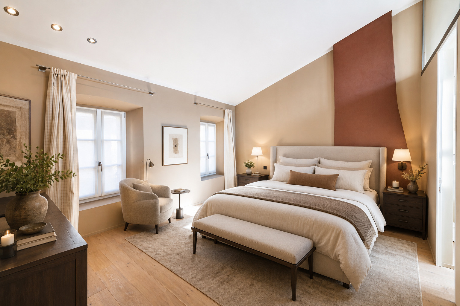 Elegantes Schlafzimmer mit warmen Naturtönen