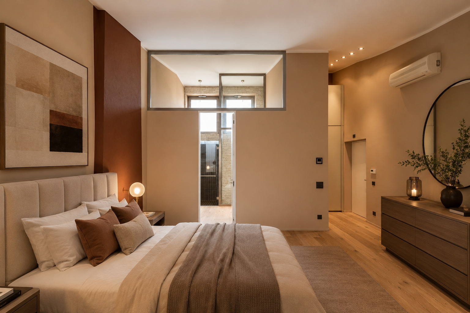 Modernes Schlafzimmer mit warmen Naturtönen