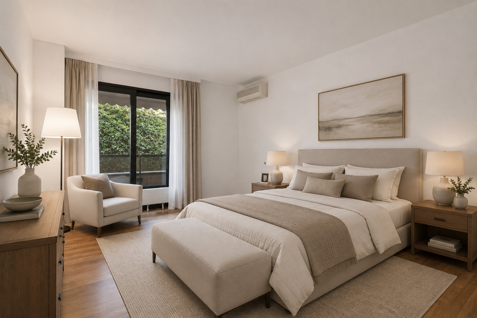 Helles, neutral gestaltetes Schlafzimmer