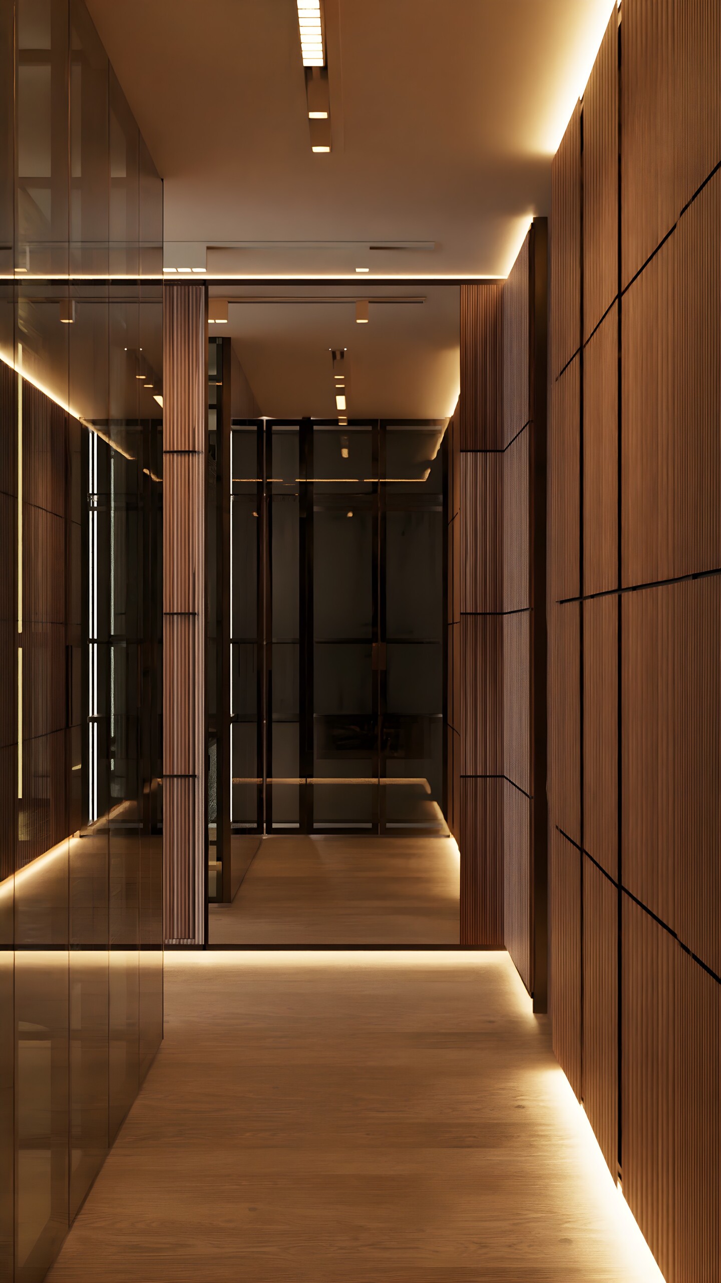 Moderner Flur mit Holzverkleidung und Glas