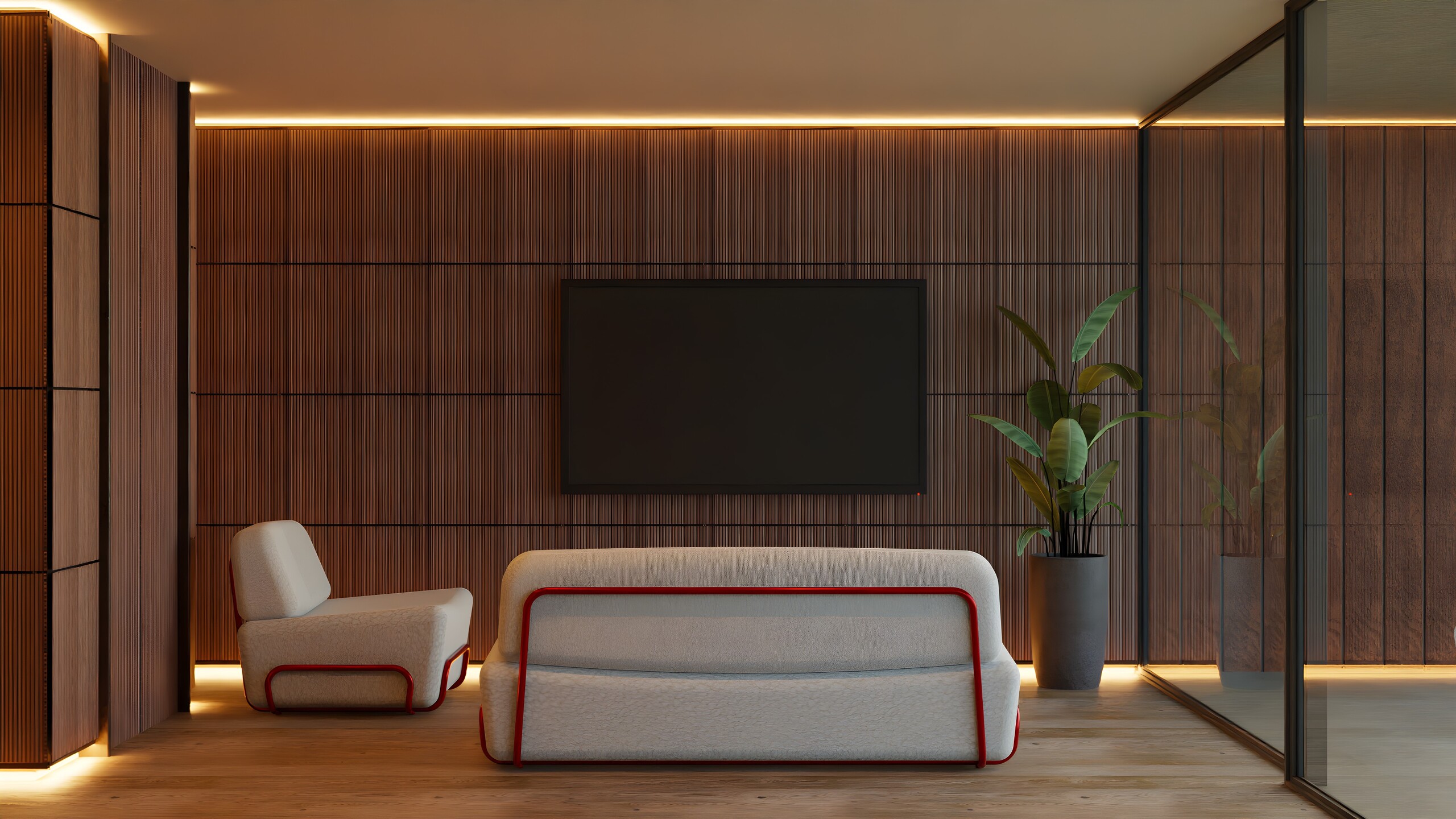 Modernes Lounge-Zimmer mit Holzpaneelen