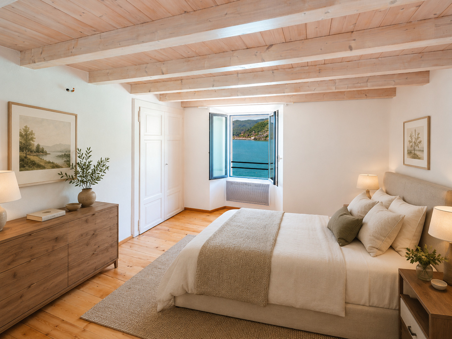 Helles Schlafzimmer mit Holzdecke und Seeblick