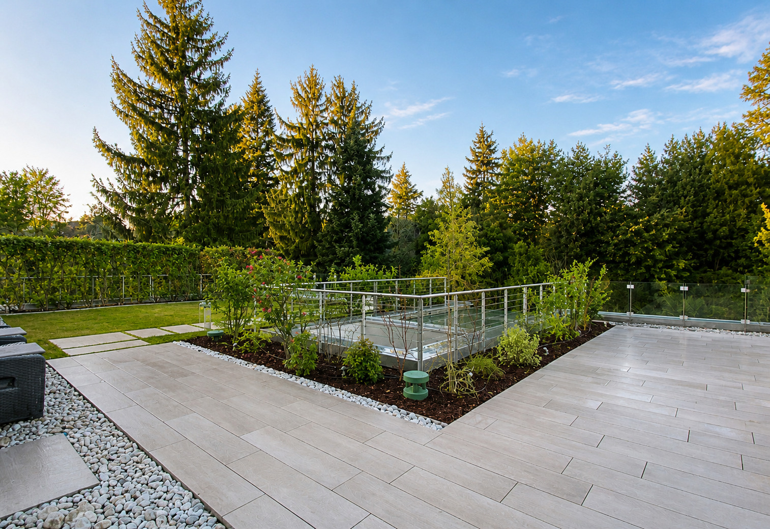 Moderner Garten mit Terrasse und Glasgeländer