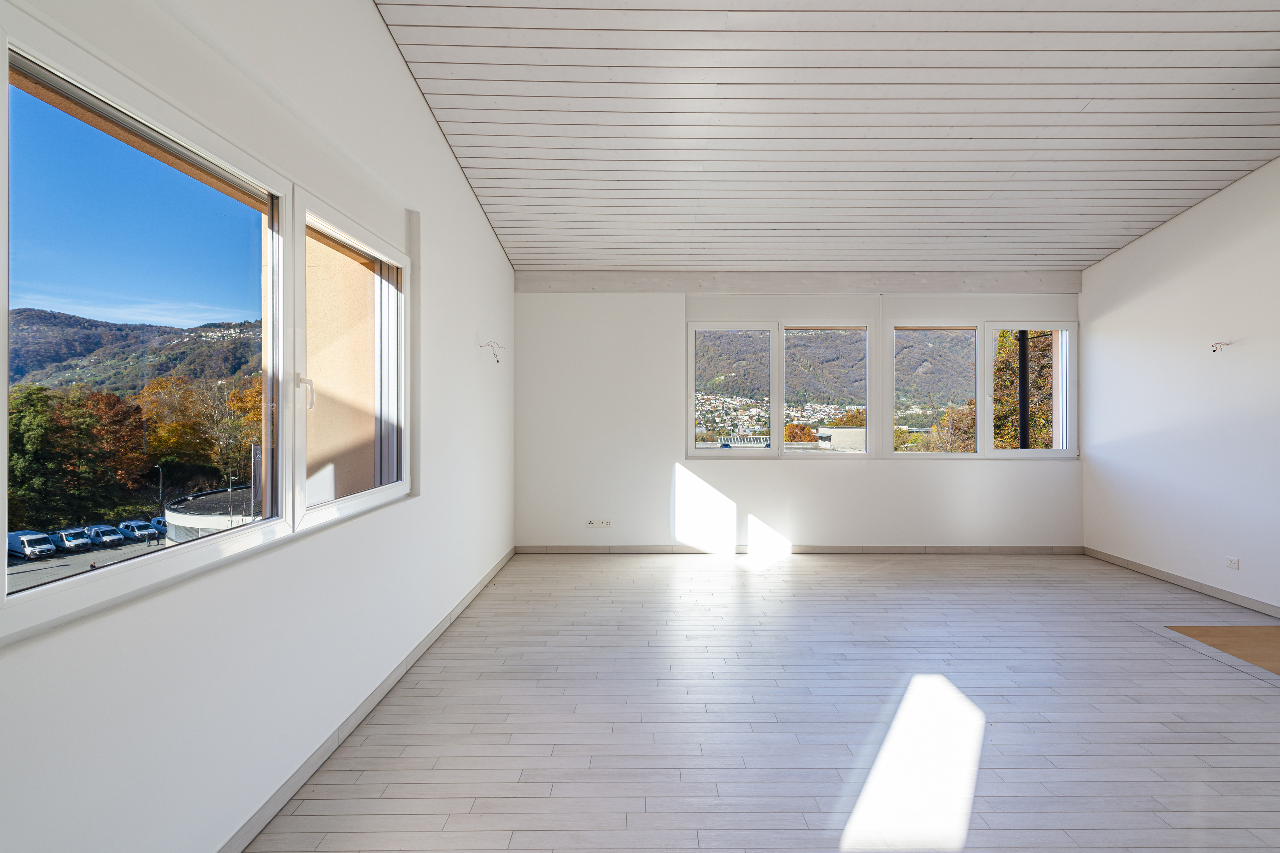 Heller leerer Wohnraum mit Bergblick
