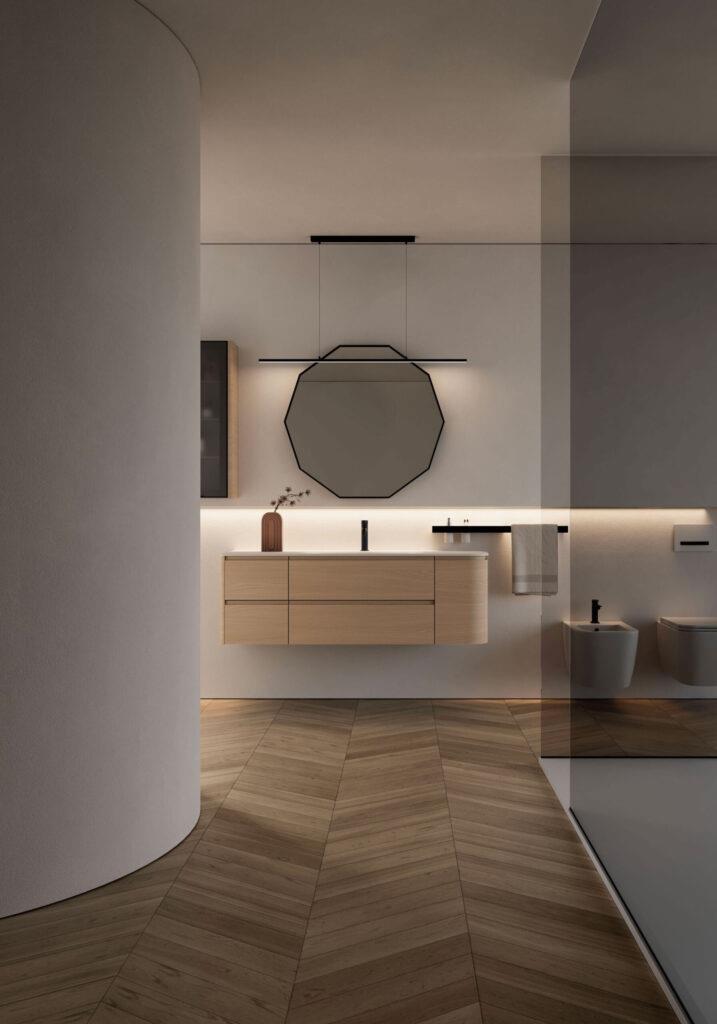Modernes Badezimmer mit Holzoptik und Spiegel
