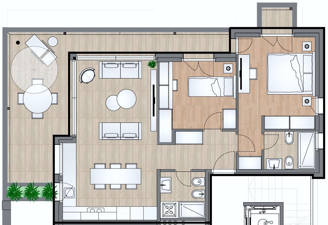 Grundriss einer Wohnung mit Wohn-, Schlaf- und Sanitärbereichen
