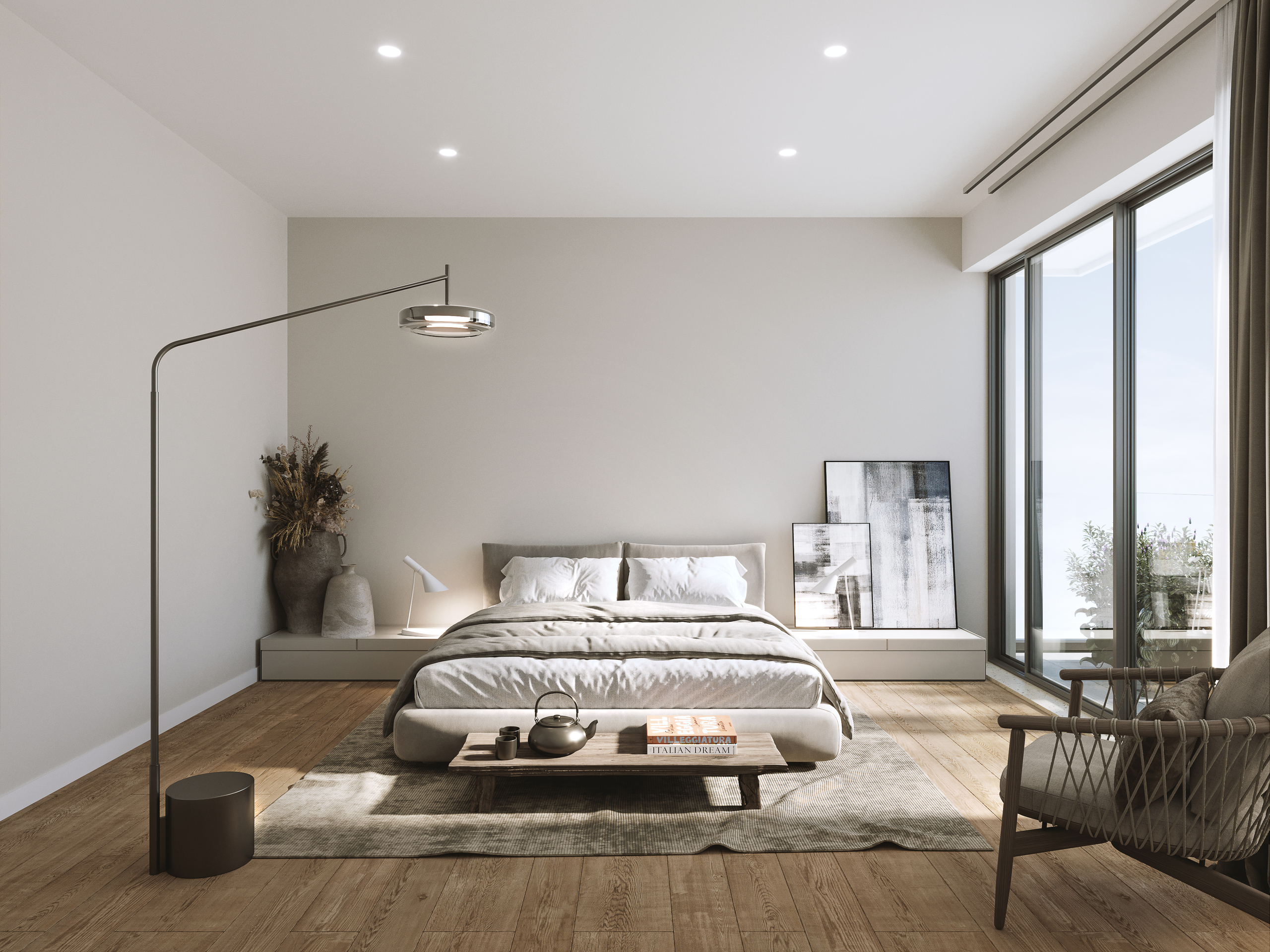 Helles, modernes Schlafzimmer mit bodentiefer Verglasung