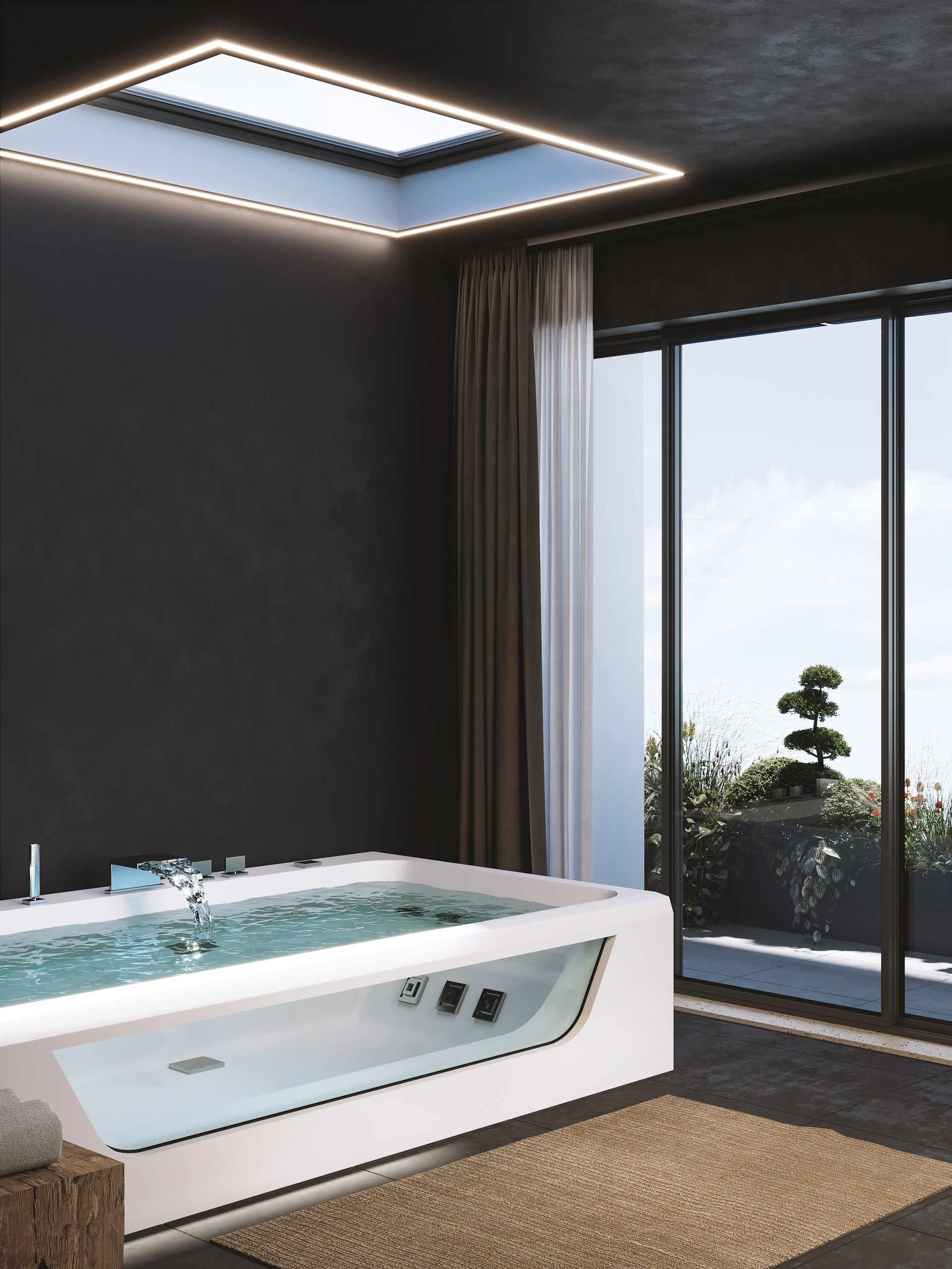 Modernes Bad mit eingelassener Wanne und Dachfenster
