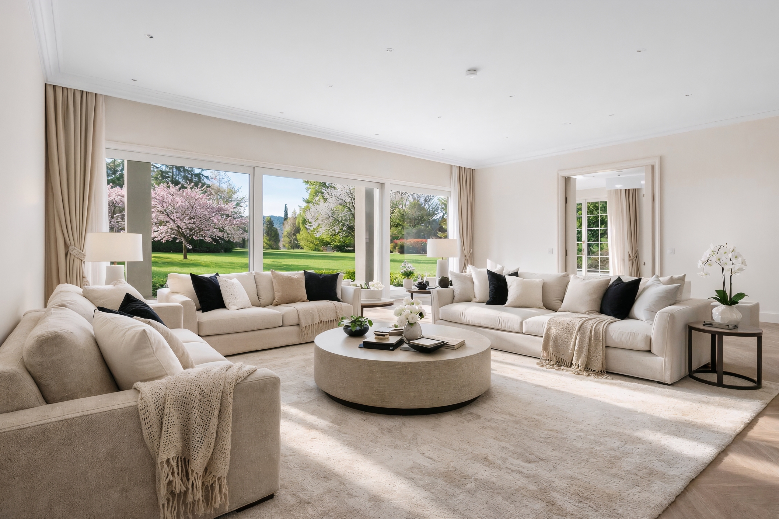 Helles, luxuriöses Wohnzimmer mit Gartenblick