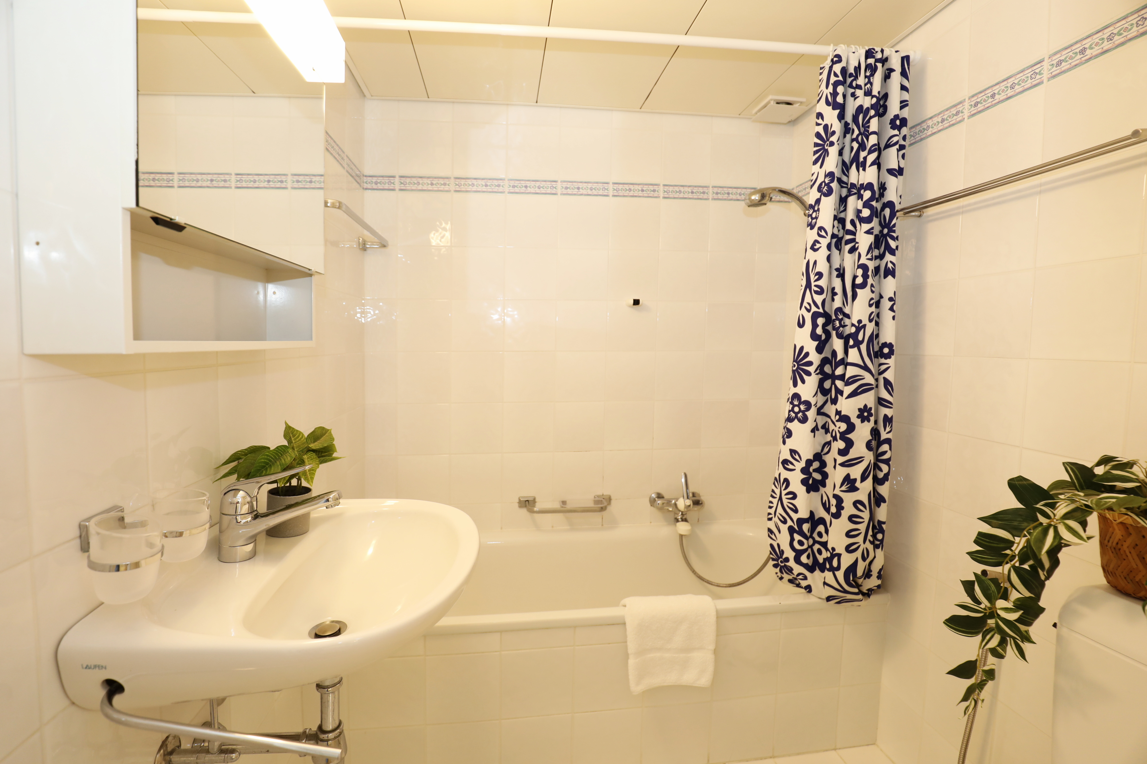 Helles Badezimmer mit Badewanne und Duschvorhang