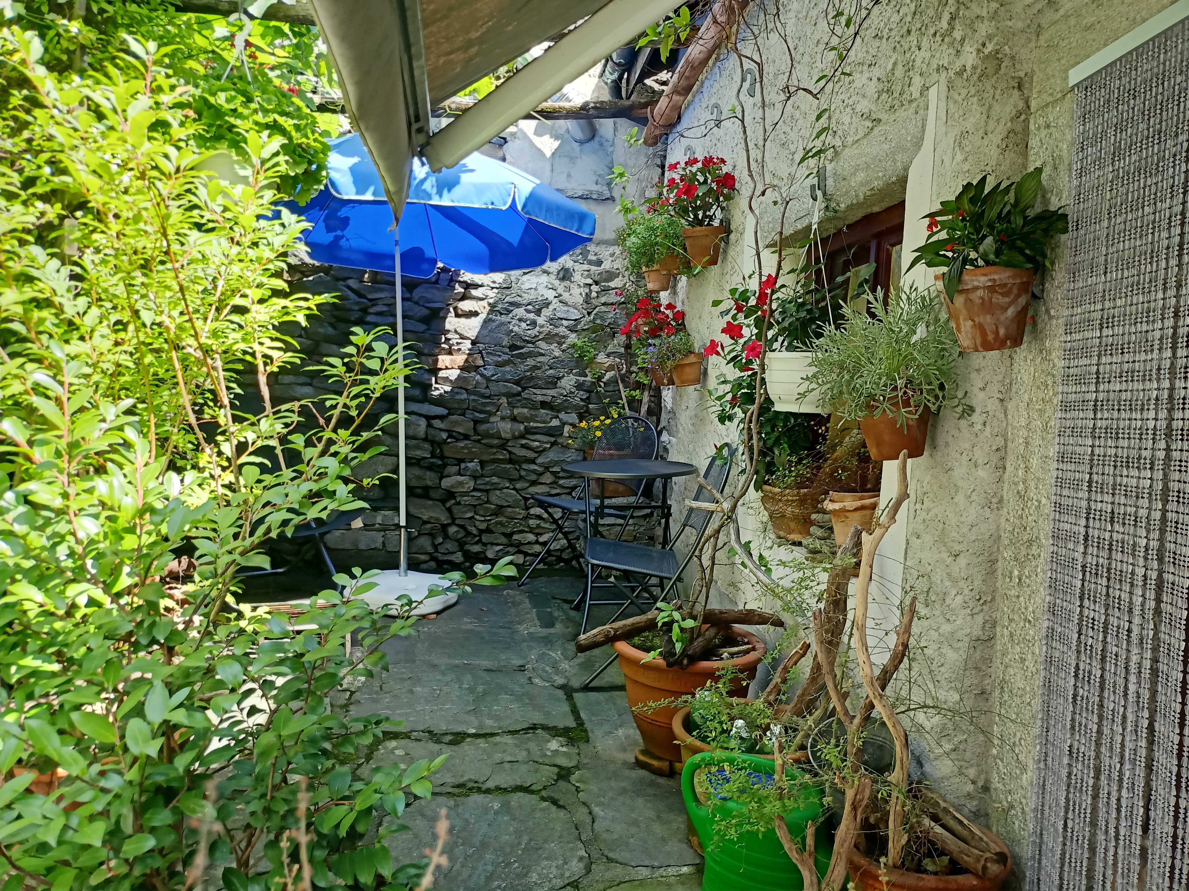 Gemütlicher Innenhof mit Pflanzen und Sitzplatz