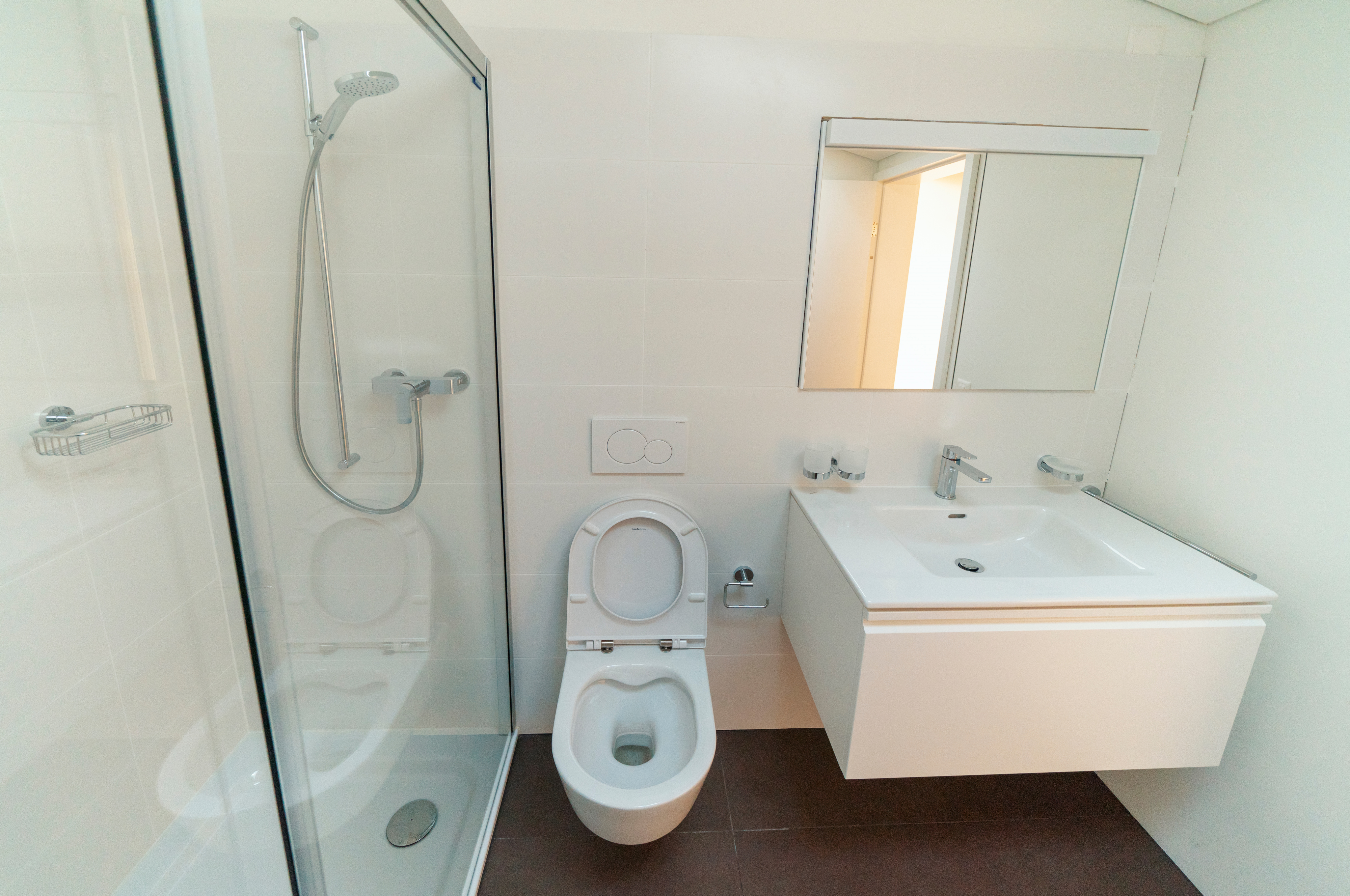 Modernes Bad mit Dusche, WC und Waschtisch
