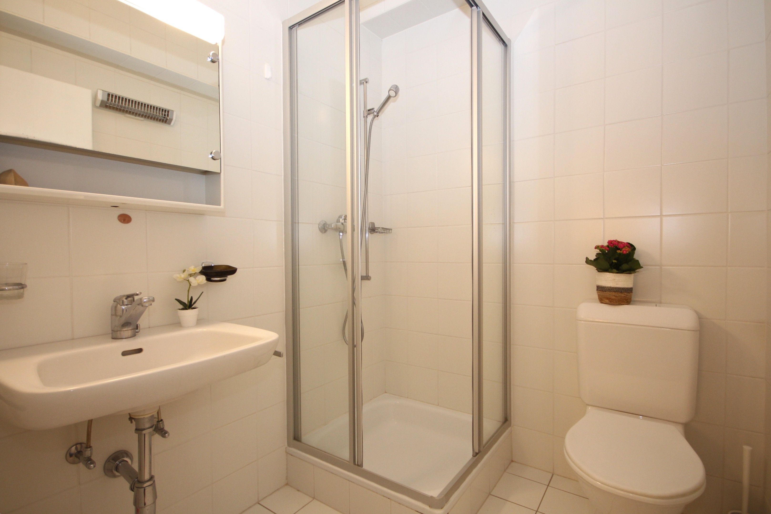 Kleines, helles Badezimmer mit Dusche und WC