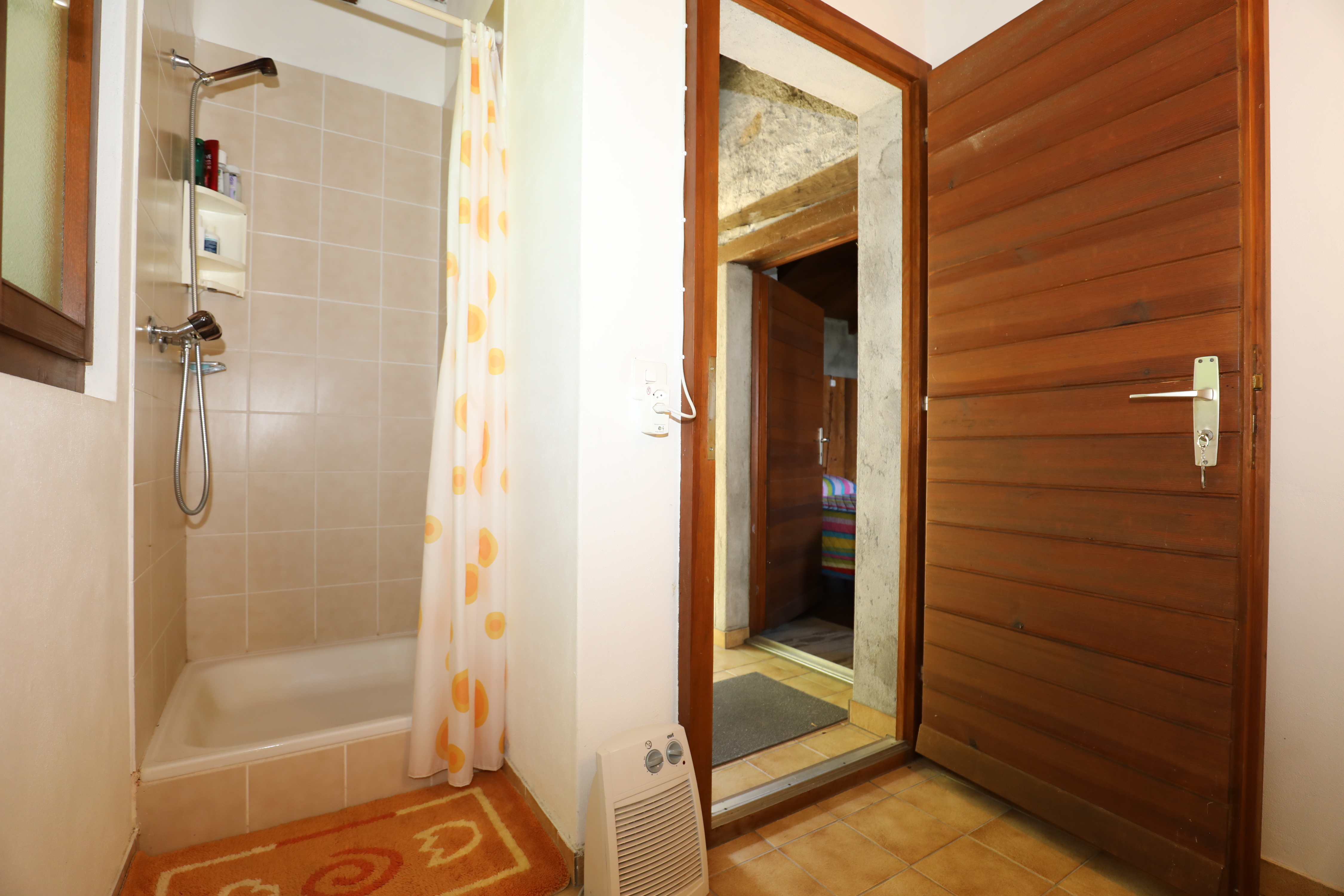 Badezimmer mit Dusche und Holztür