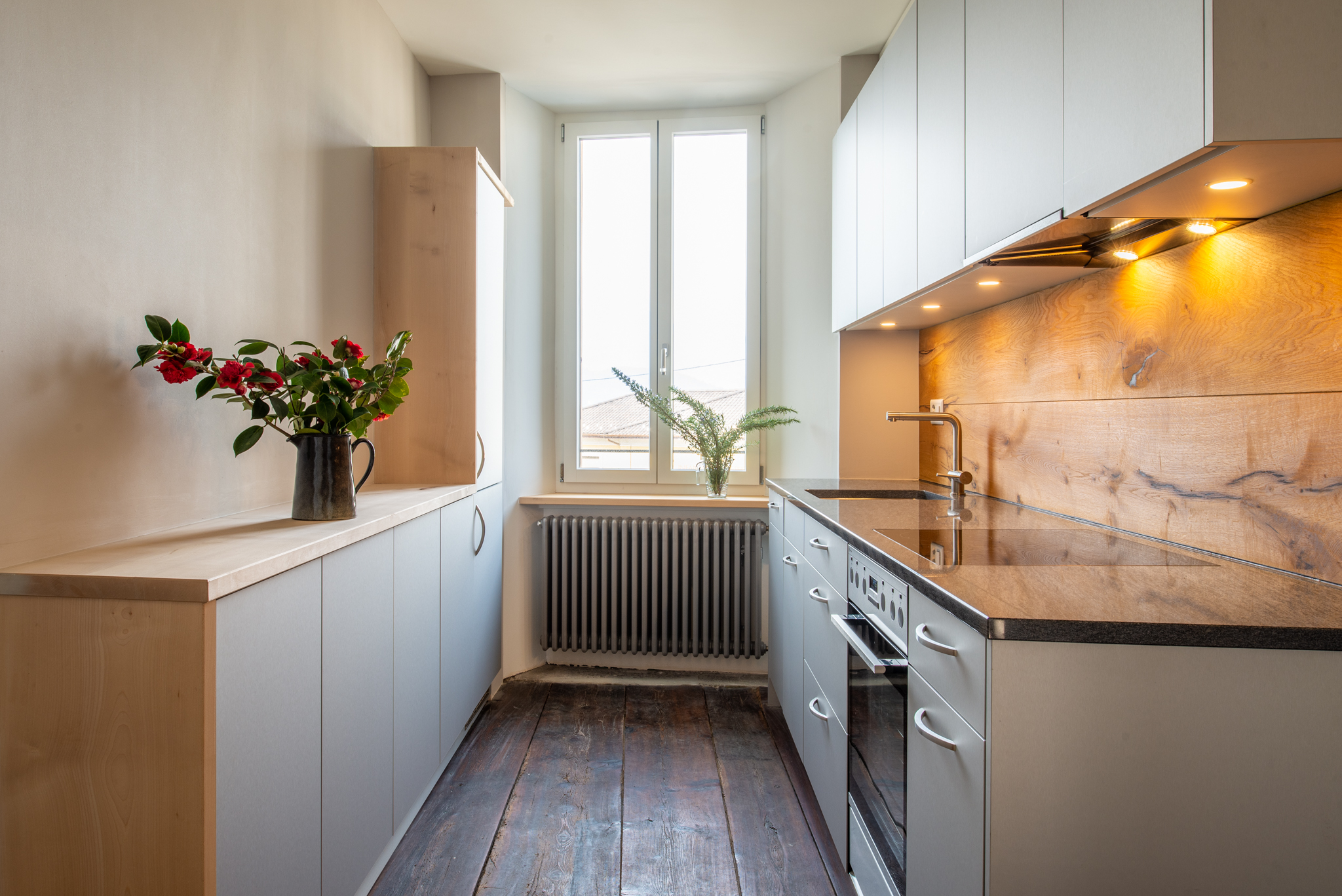 Moderne schmale Küche mit Fenster