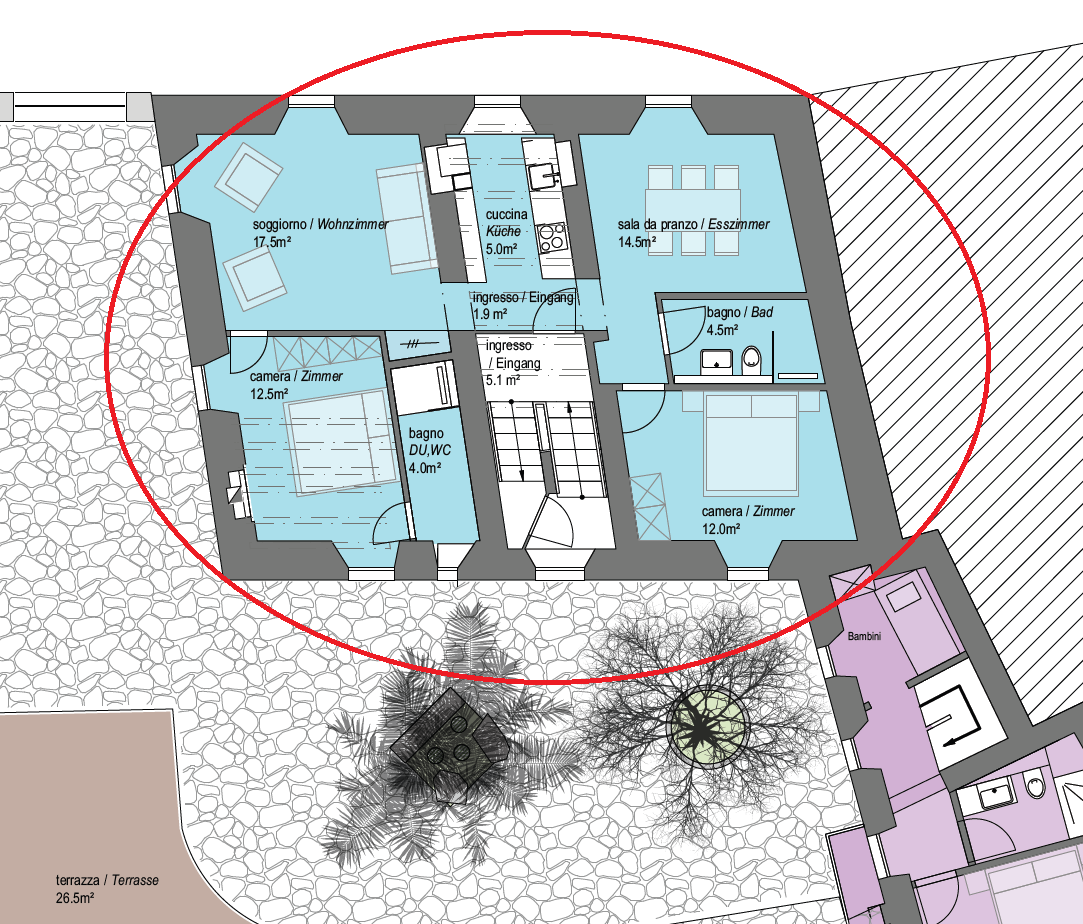 Grundriss mit markierten Räumen und Terrasse