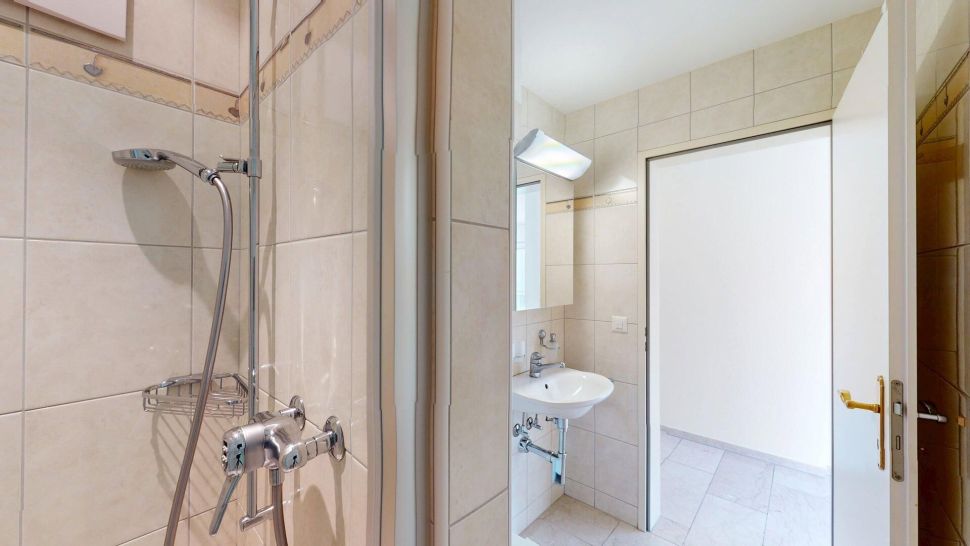 Badezimmer mit Duschbereich und Waschtisch