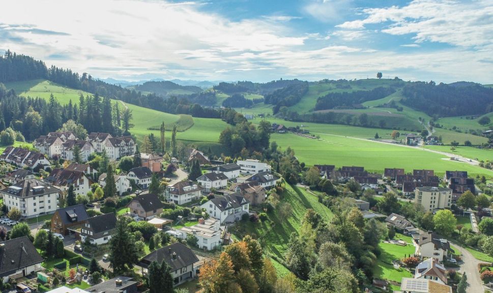 Luftaufnahme eines grünen Wohngebiets im Tal
