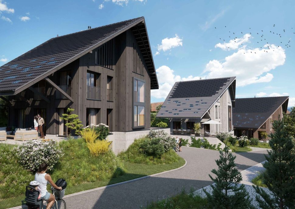 Moderne Holzchalets mit Satteldächern
