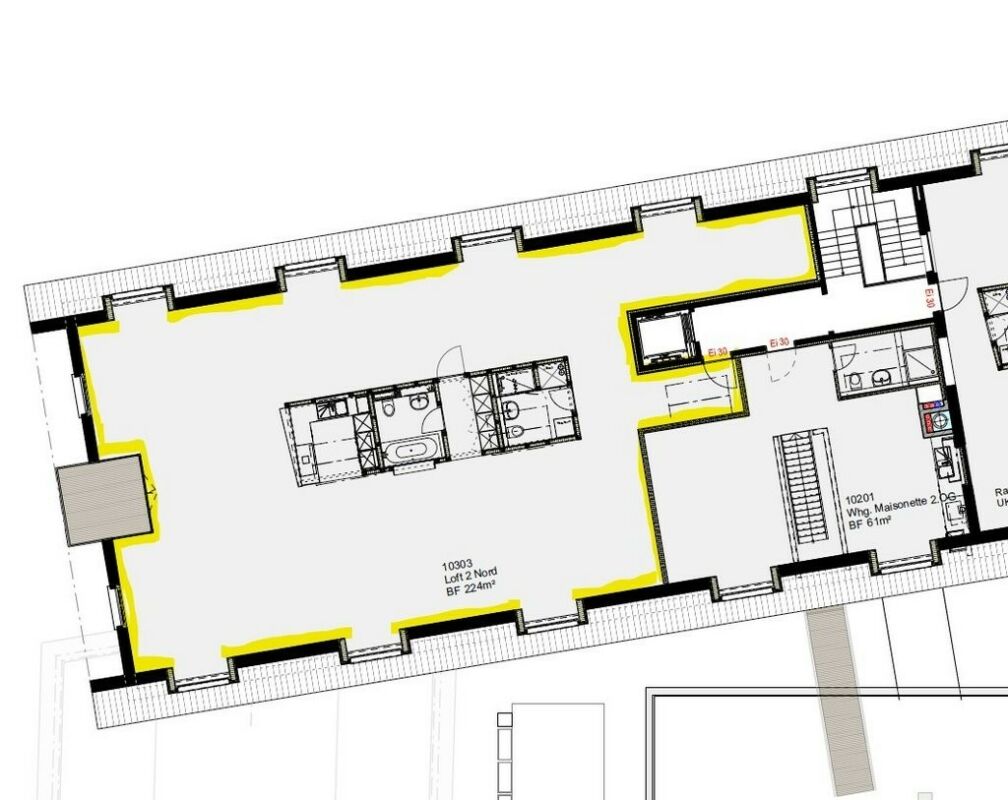 Grundriss einer Maisonette mit markierten Flächen