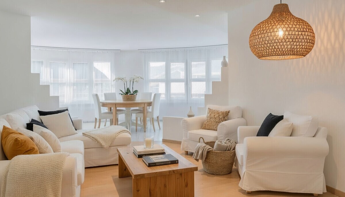 Helles Wohn- und Esszimmer mit Sitzecke