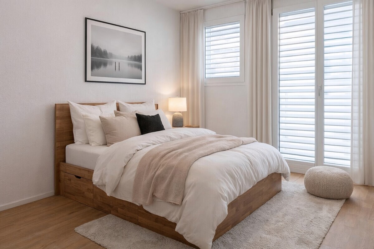 Helles Schlafzimmer mit Naturholz und neutraler Einrichtung