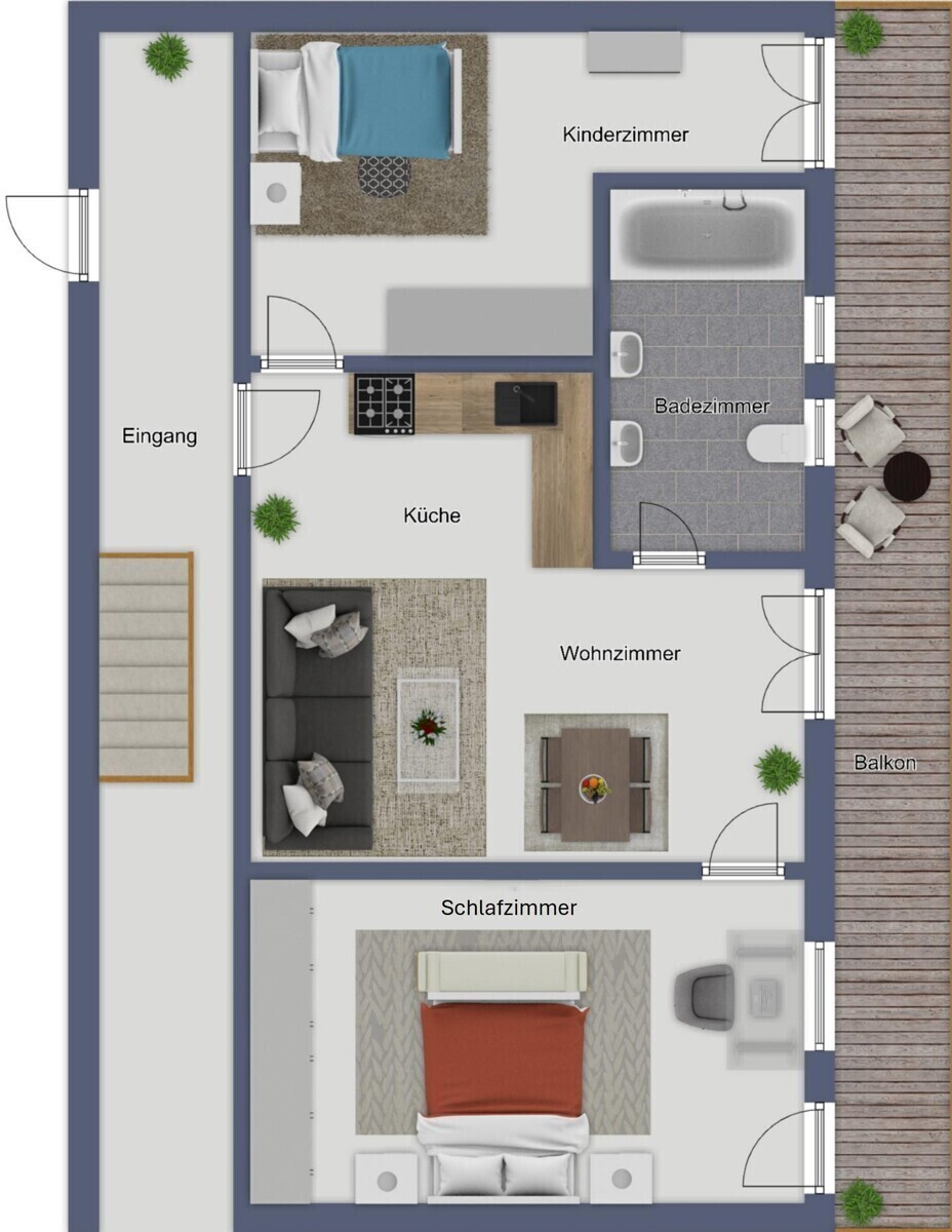 Grundriss einer Wohnung mit Eingang, Küche, Wohnzimmer, Schlafzimmer, Badezimmer und Balkon