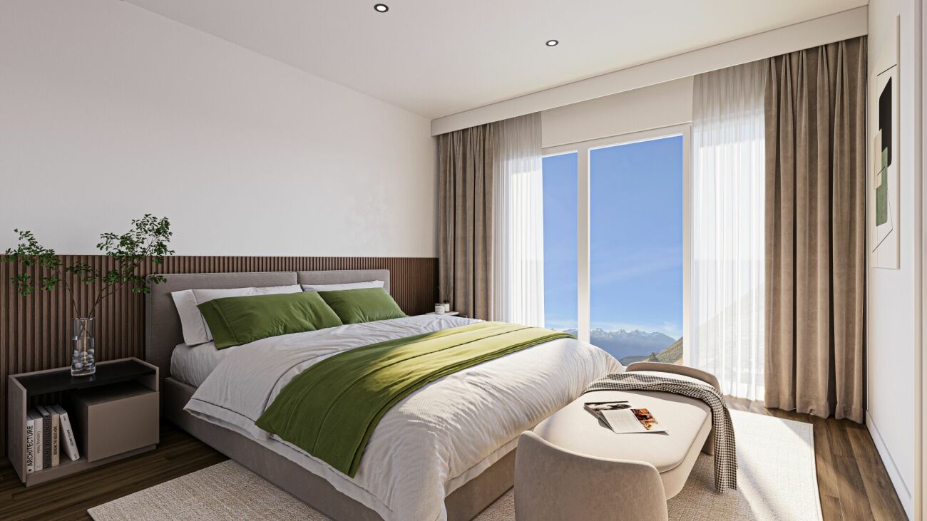Modernes Schlafzimmer mit Panoramafenster und Bergblick