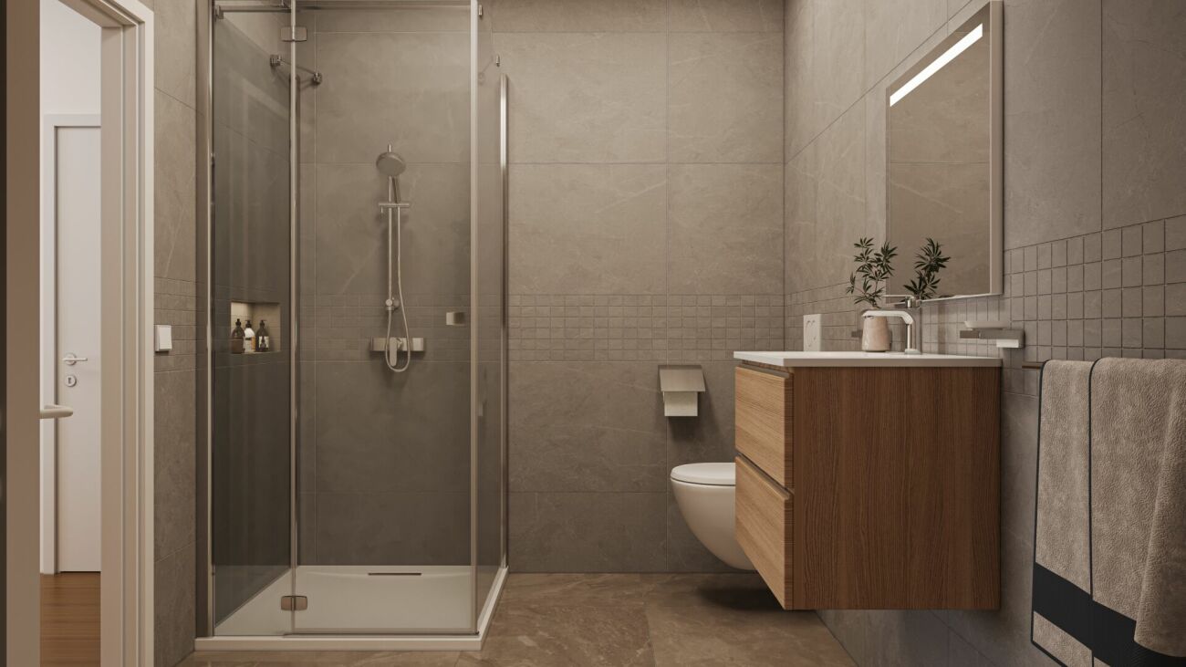 Modernes Badezimmer mit begehbarer Dusche und Holzwaschtisch