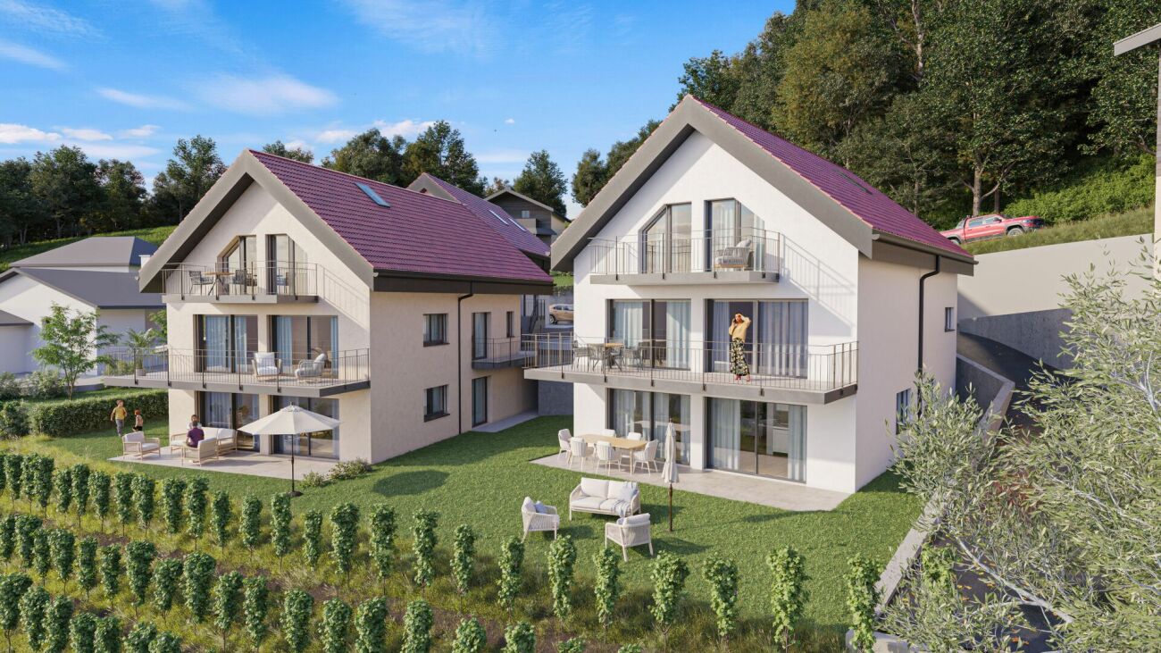 Moderne Wohnanlage mit Gärten und Balkonen