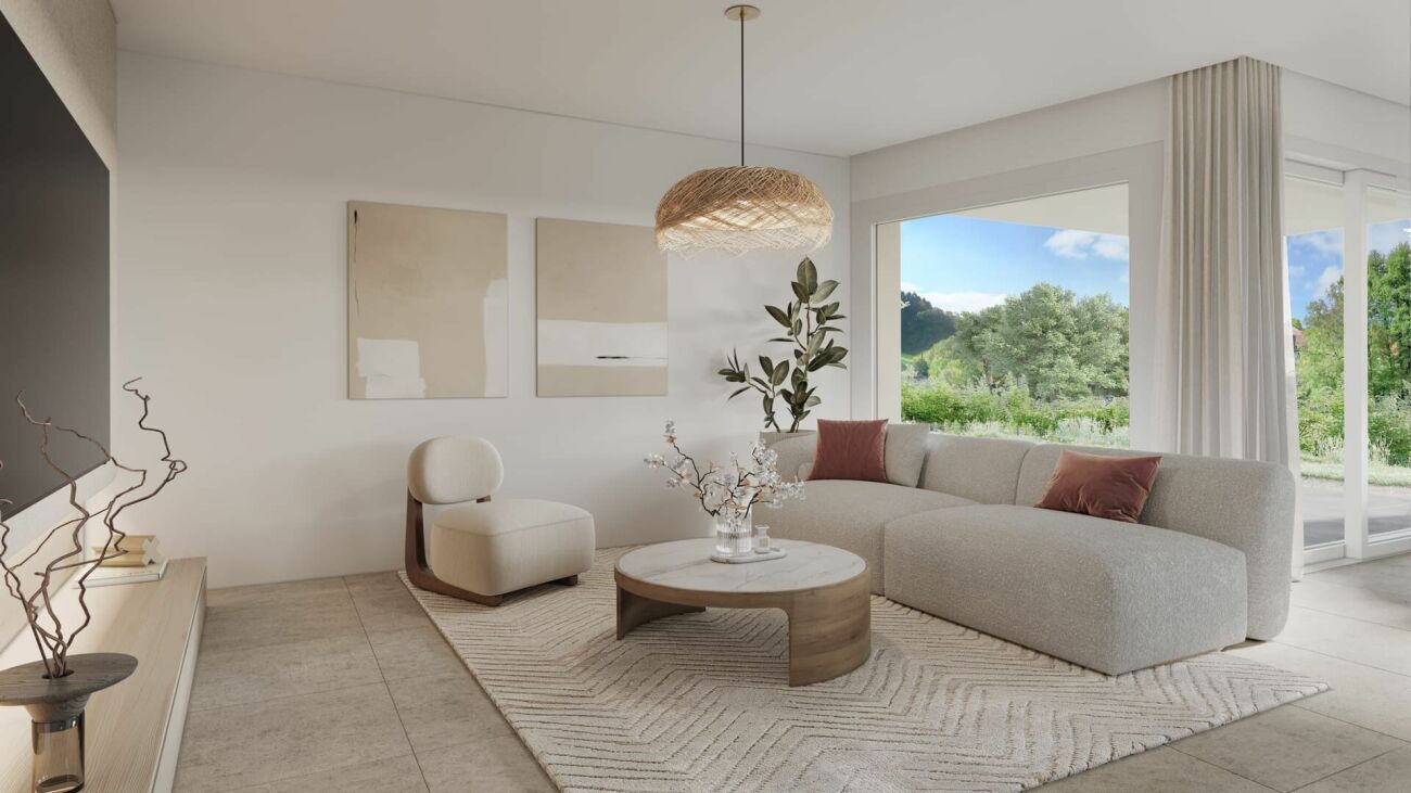 Helles, modernes Wohnzimmer mit Naturtönen