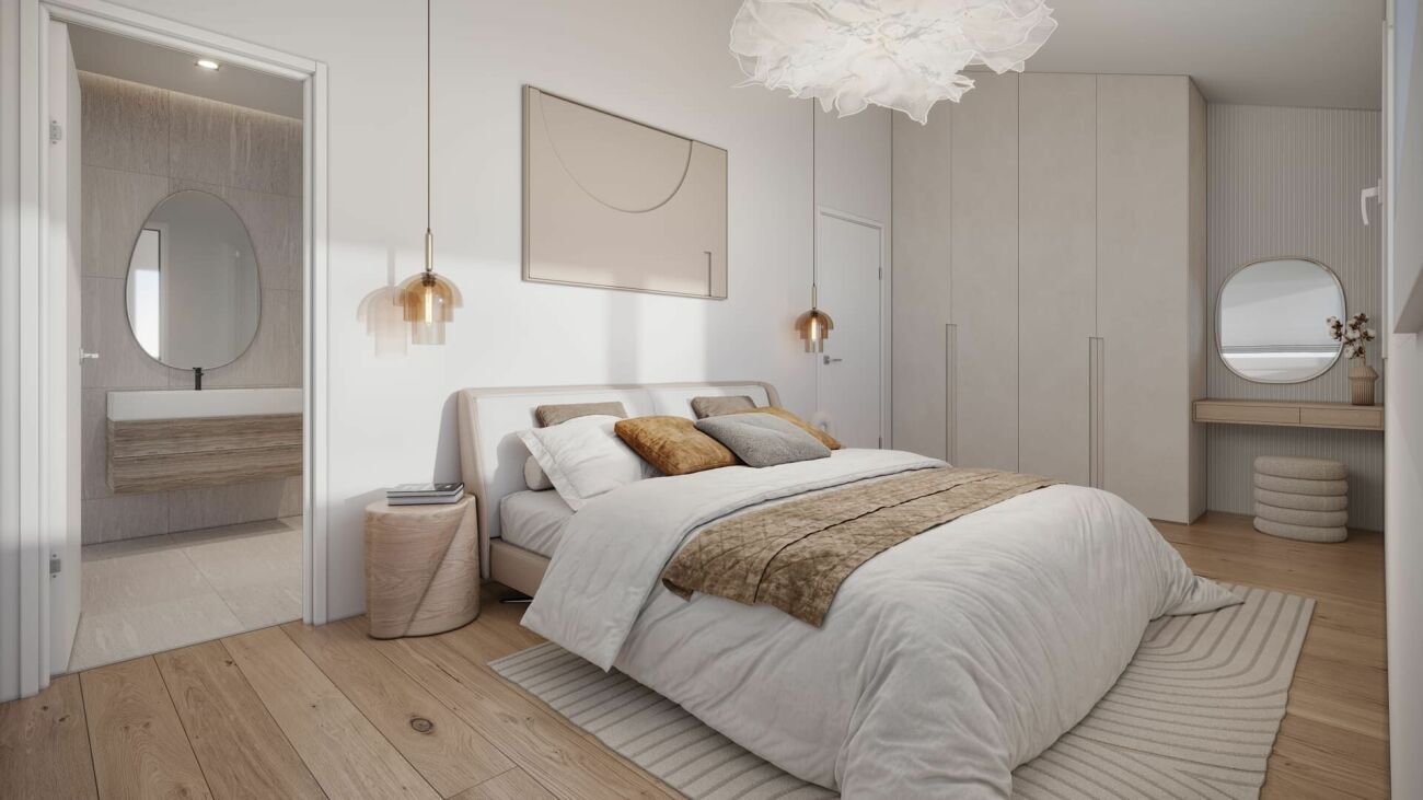Modernes Schlafzimmer mit angrenzendem Badezimmer