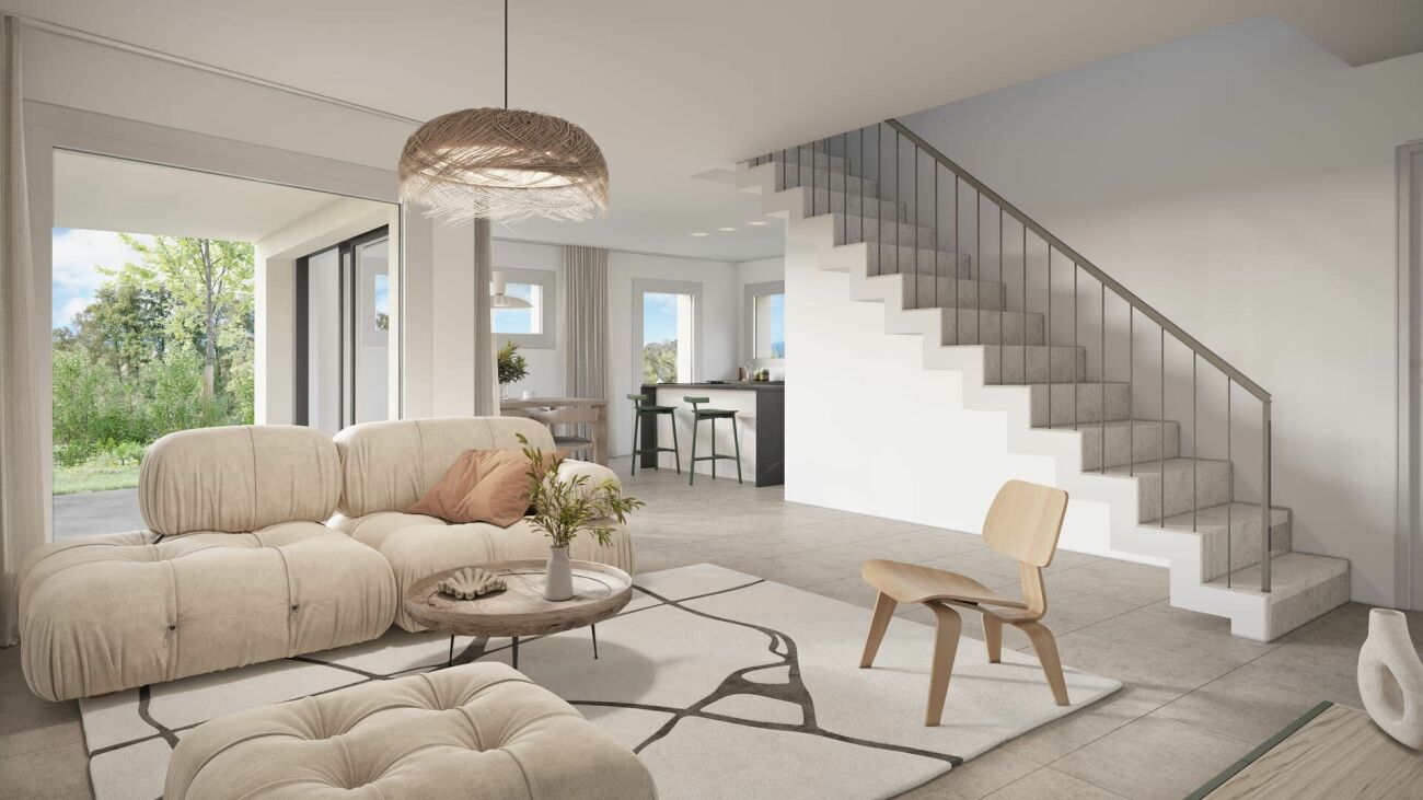 Offener Wohnbereich mit Treppe und Terrasse