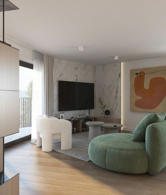 Modernes Wohnzimmer mit großer TV-Wand und Lounge-Sessel