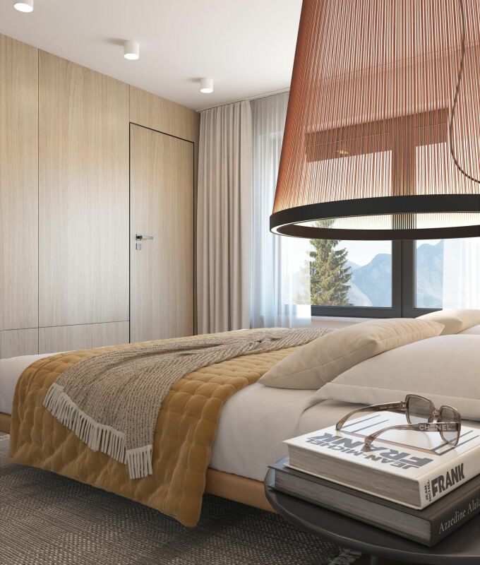 Modernes Schlafzimmer mit Bergblick