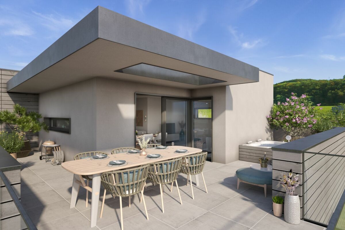 Moderne Dachterrasse mit Essbereich