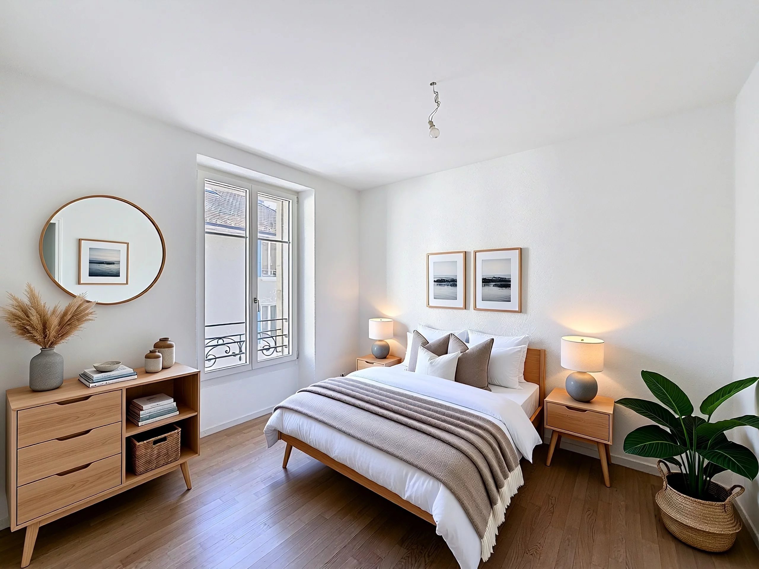 Helles, minimalistisch eingerichtetes Schlafzimmer