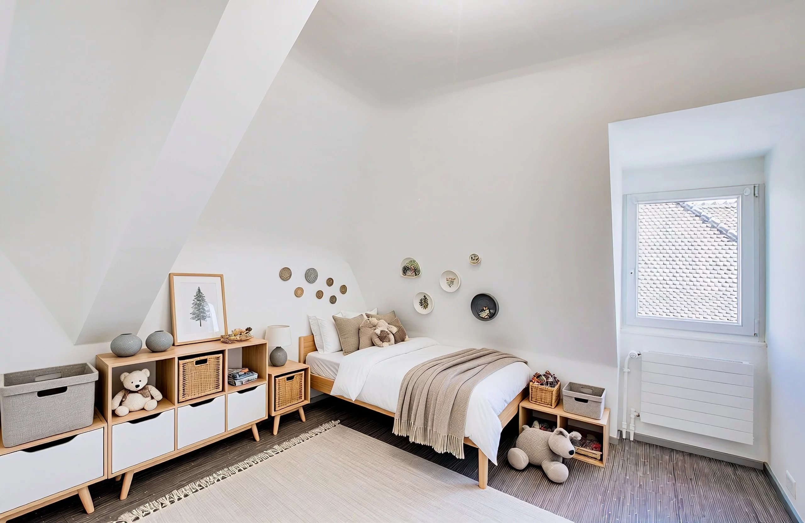 Helles Dachzimmer mit Einzelbett und kindlicher Einrichtung