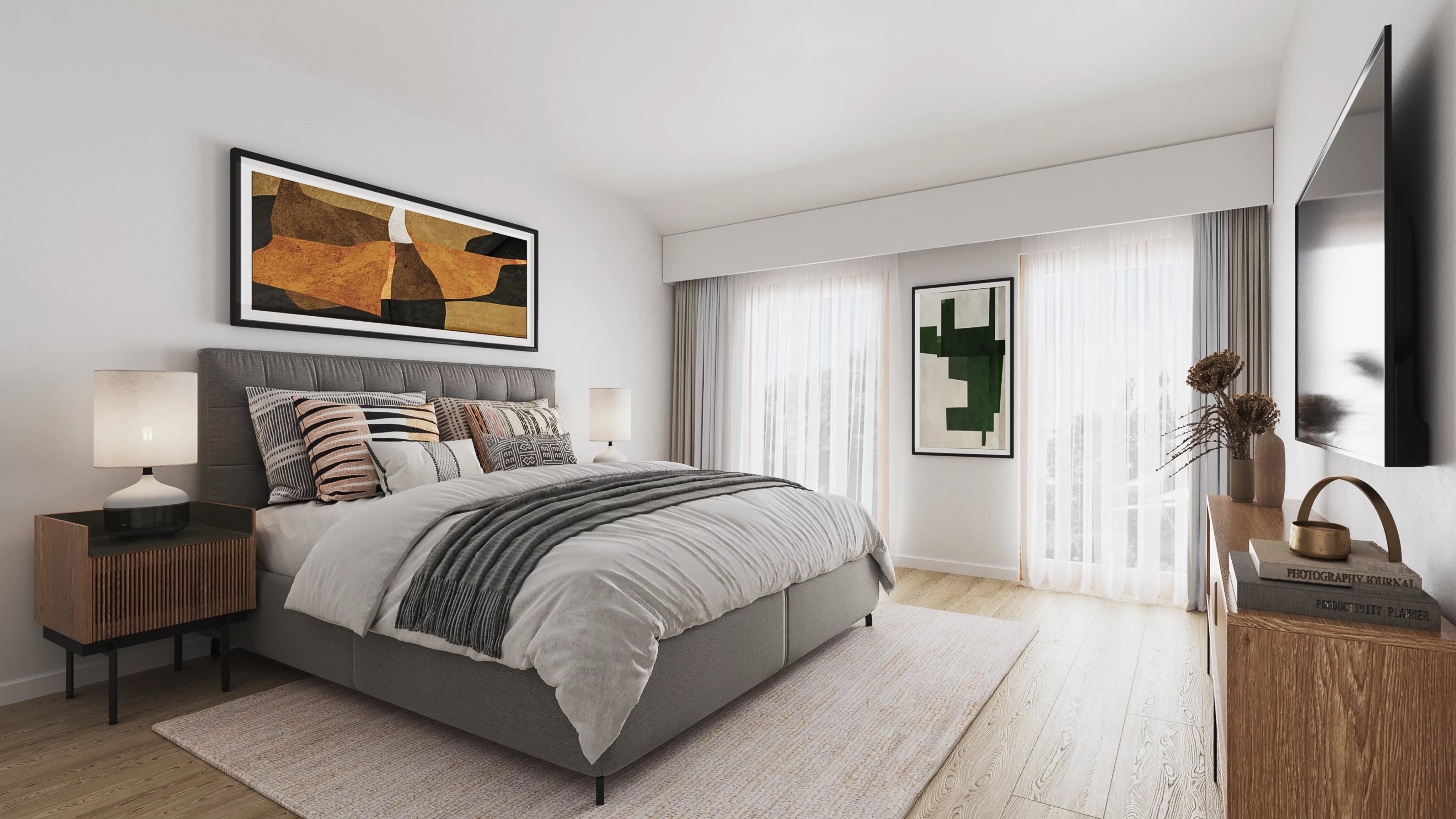 Helles, modern eingerichtetes Schlafzimmer