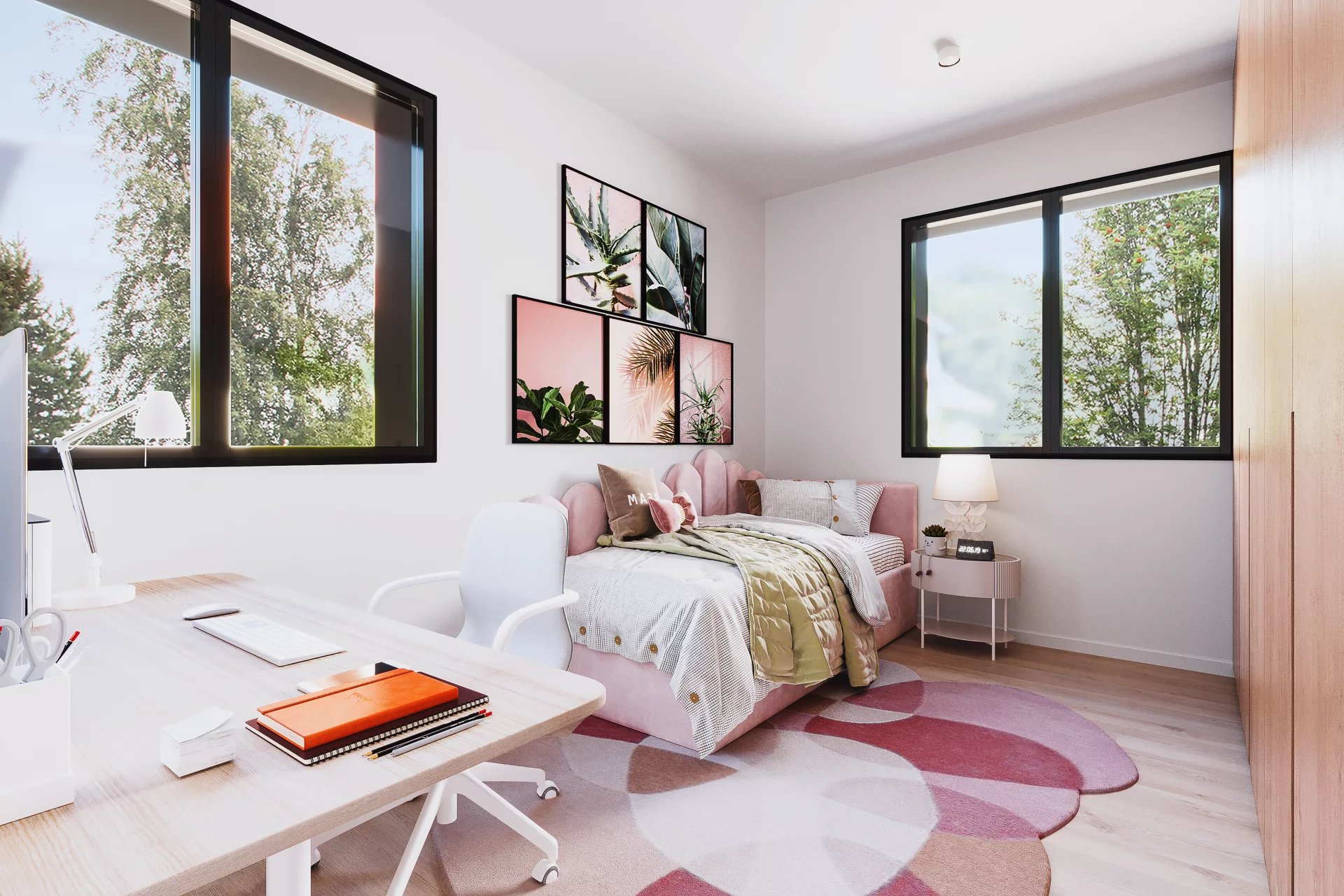 Helles, eingerichtetes Schlafzimmer mit Arbeitsbereich