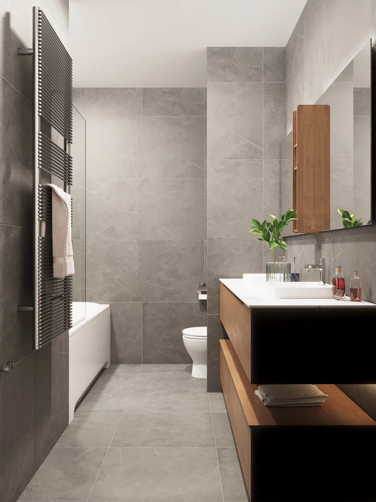 Modernes Badezimmer mit grauen Fliesen und Holzakzenten