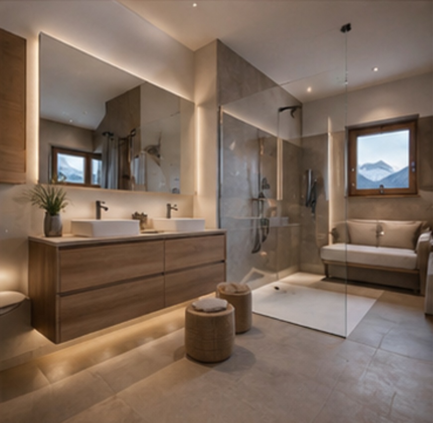 Modernes Badezimmer mit Bergblick