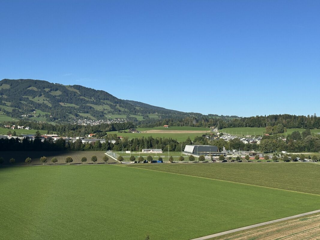 Landschaft mit Bergen und Feldern