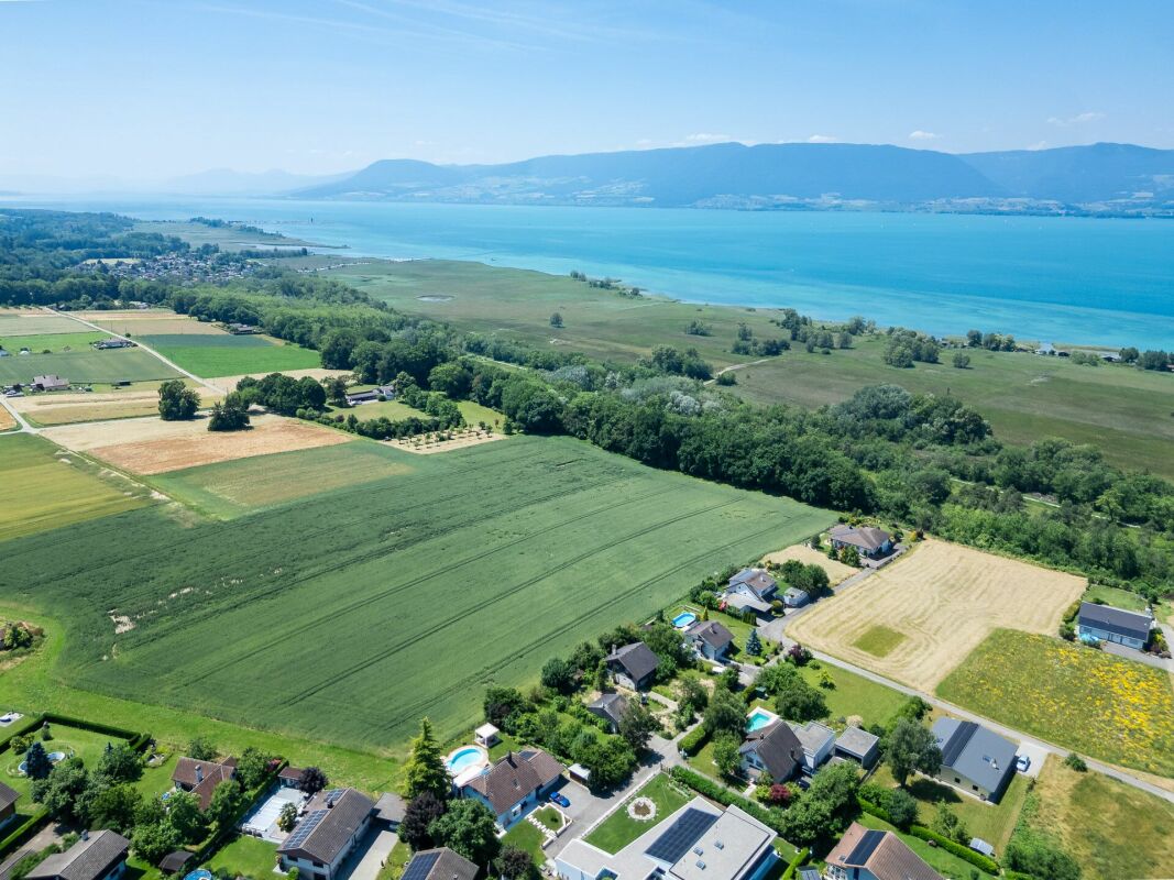Luftaufnahme über See und Felder