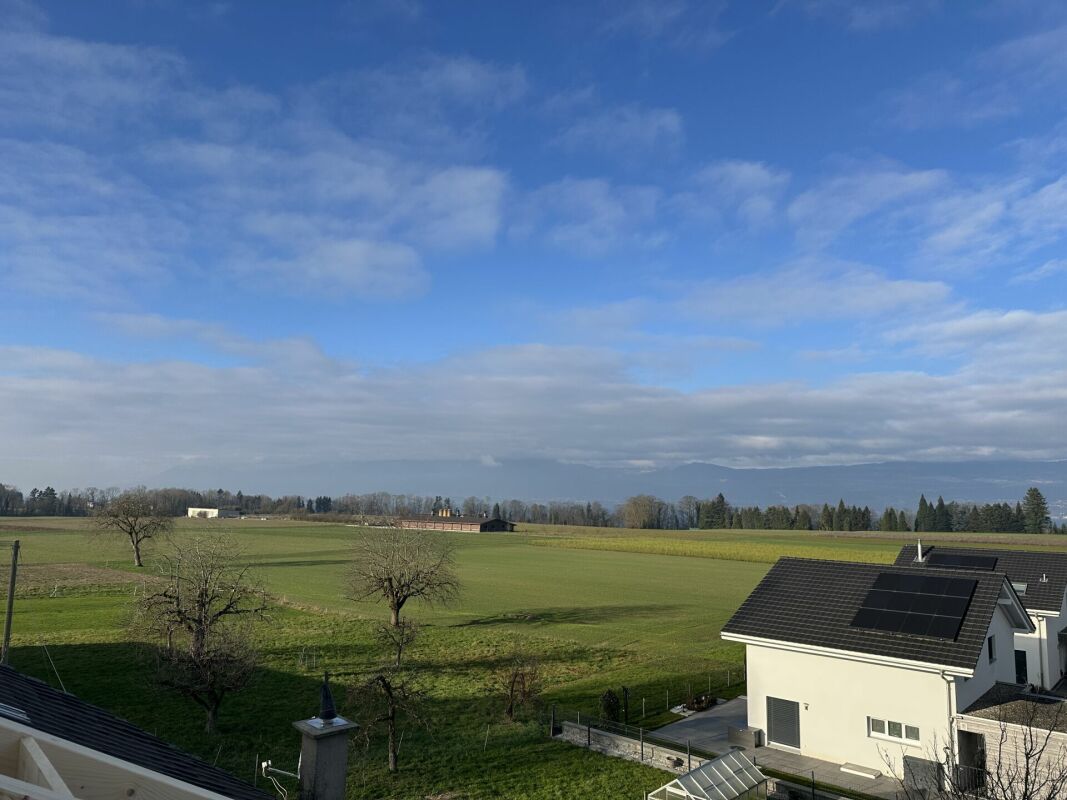 Ländliche Aussicht mit Hausdach und Solarmodulen